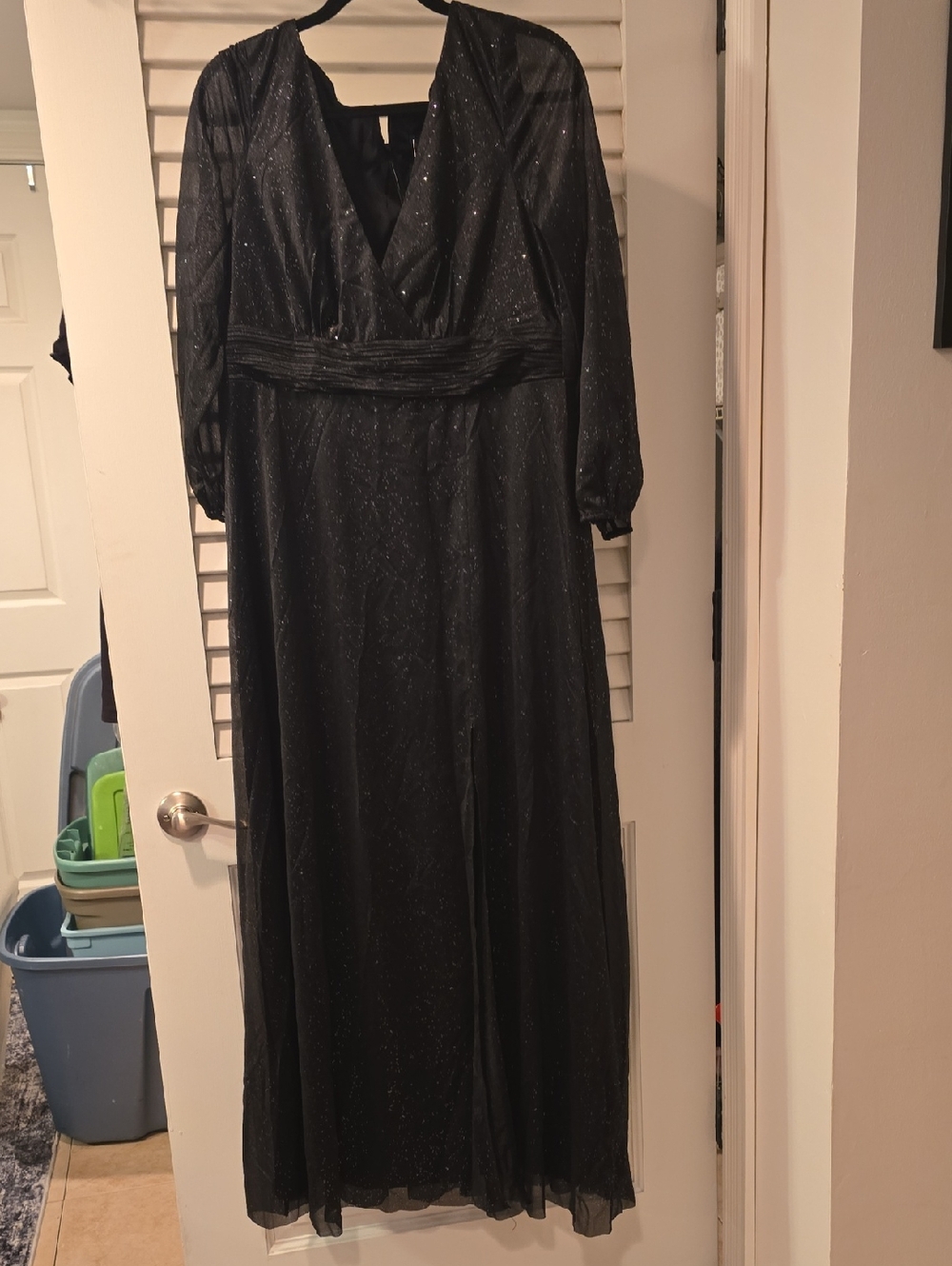 Ever Pretty Black Sparkle Maxi Dress with V-Neck and Sheer Sleeves
